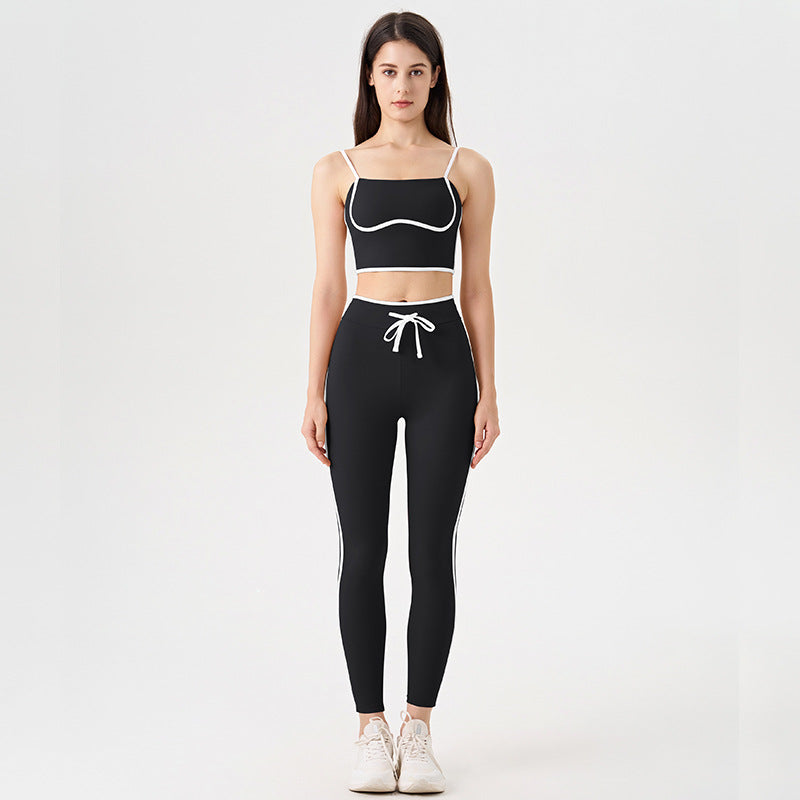 Factory Source Contrast Color Yoga Suit High Elasticity Gym Set Women Drawstring Workout Shorts & Bra Set Ready to Ship