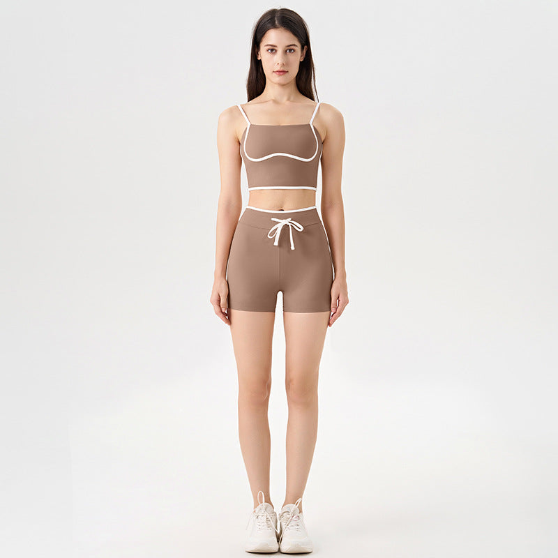 Factory Source Contrast Color Yoga Suit High Elasticity Gym Set Women Drawstring Workout Shorts & Bra Set Ready to Ship